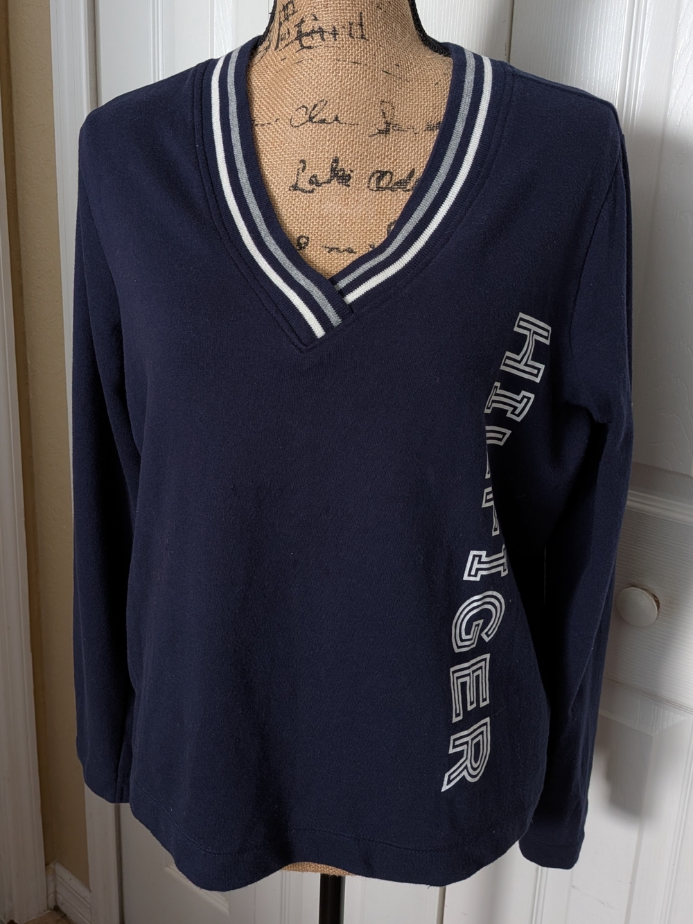 Tommy Hilfiger Navy V-Neck Long Sleeve Pullover with Striped Trim